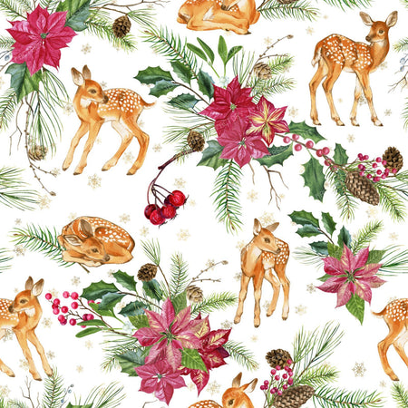 Cute Deer with Holly Plant and Poinsetia Flower Christmas Holiday Pattern