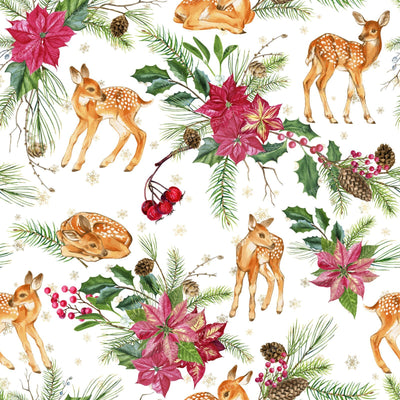 Cute Deer with Holly Plant and Poinsetia Flower Christmas Holiday Pattern