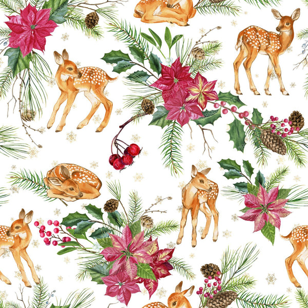 Cute Deer with Holly Plant and Poinsetia Flower Christmas Holiday Pattern