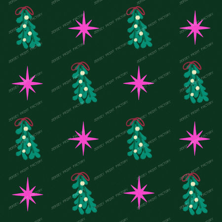 Whimsical Winter Mistletoe and Pink Stars on Purple — Dark Green
