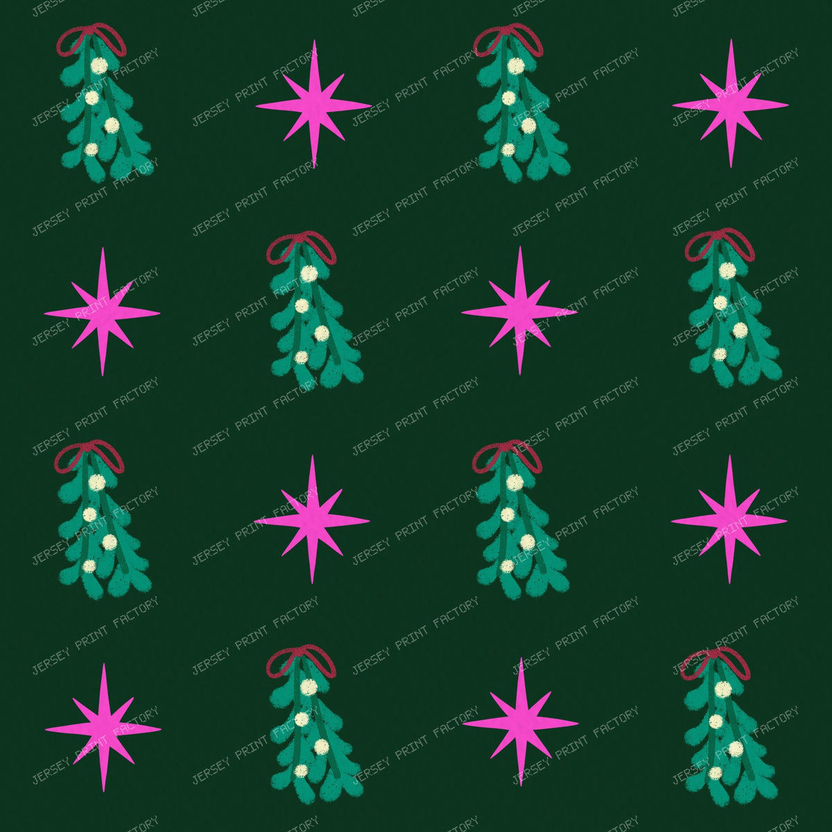 Whimsical Winter Mistletoe and Pink Stars on Dark Green
