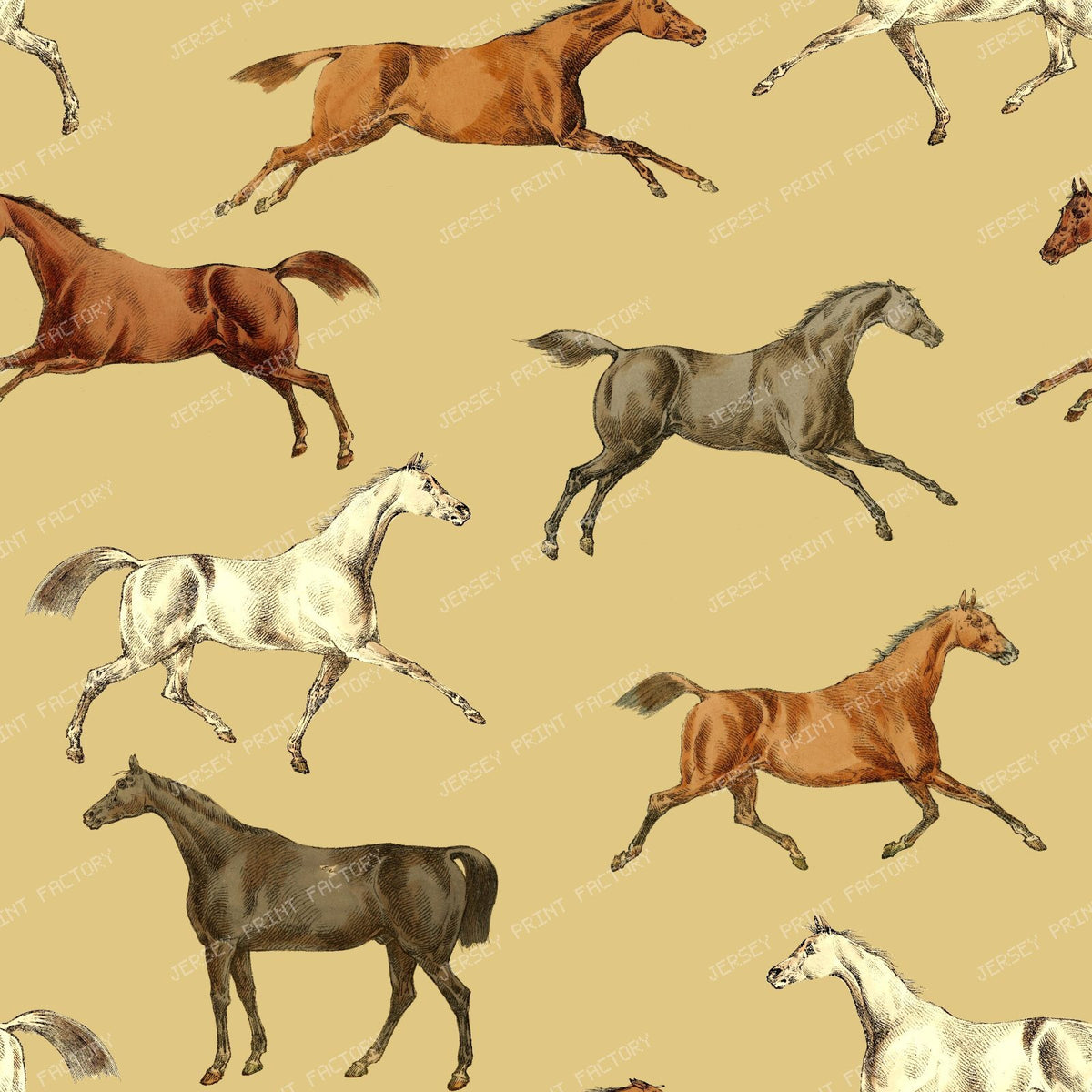 Wild Horses Vintage Chic Cottagecore Toile Pattern on Clay Yellow