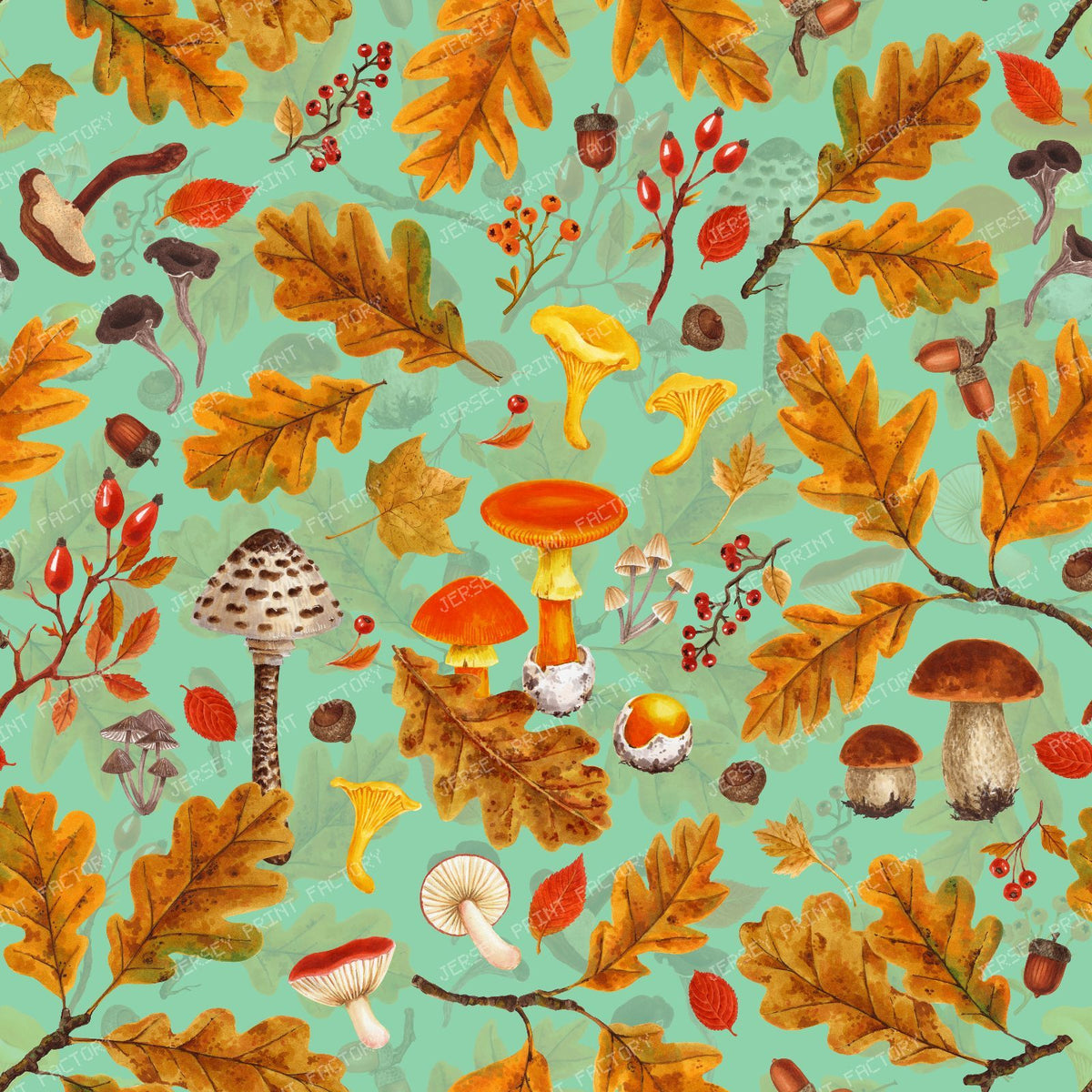 Forest mushrooms and autumn flora on brown — on jade green