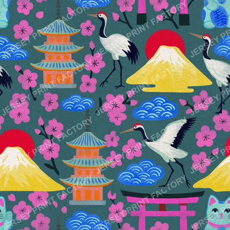 Vibrant Colours Springtime Japan, Maximalist Hand Drawn on Teal