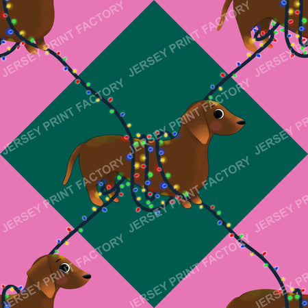 Sausage Dog in String Lights - Winter Weiner Festive Diamonds Jewel Pink & Green