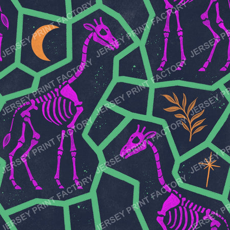 Neon Pink and Green Halloween Animal Print, Giraffe Skeleton - Gothic Fossils with Moon and Stars