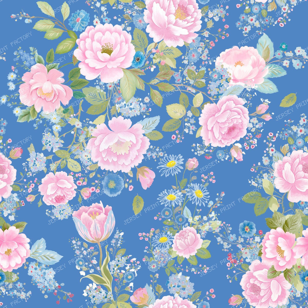 Pink Roses Garland French Country Rococo Pattern on Blue