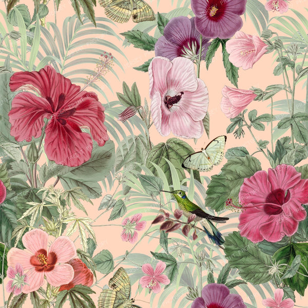 Tropical Garden with Pink Hibiscus Flowers on Peach Pastel Background