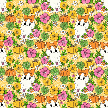 Halloween Girly Ghosts With Tropical Flowers On Yellow