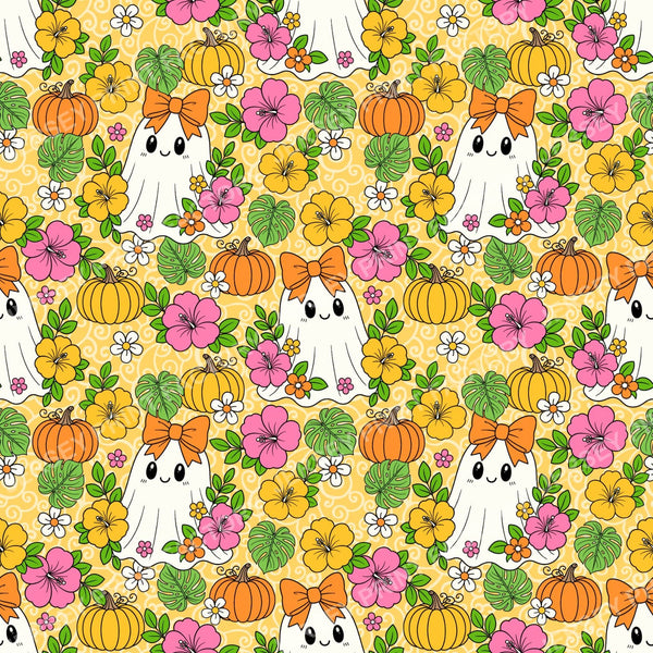Halloween Girly Ghosts With Tropical Flowers On Yellow