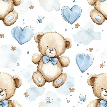 Sweet Teddy Bear & Blue Hearts Watercolor