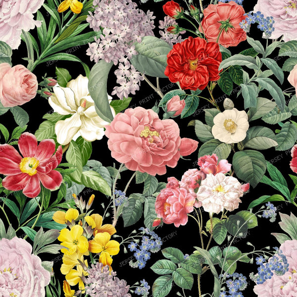Lush Summer Garden Floral Botanical Pattern on Black