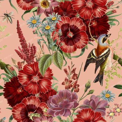 A Baroque Bouquet of Burgundy Flowers with a Birds Vintage Chic Cottagecore Floral Pattern — Whipped Peach