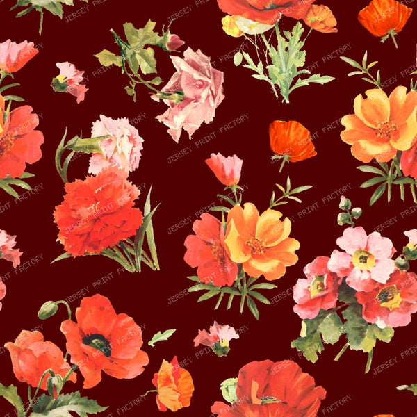 Small Red Poppy Flowers Bold Vibrant Floral Pattern on Dark Maroon