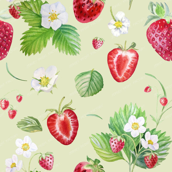Strawberry Fruits and Flowers Cottagecore Floral Pattern on Green