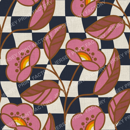 Pink Retro Flowers On Dark Blue Wavy Checkerboard 70s Vintage Style