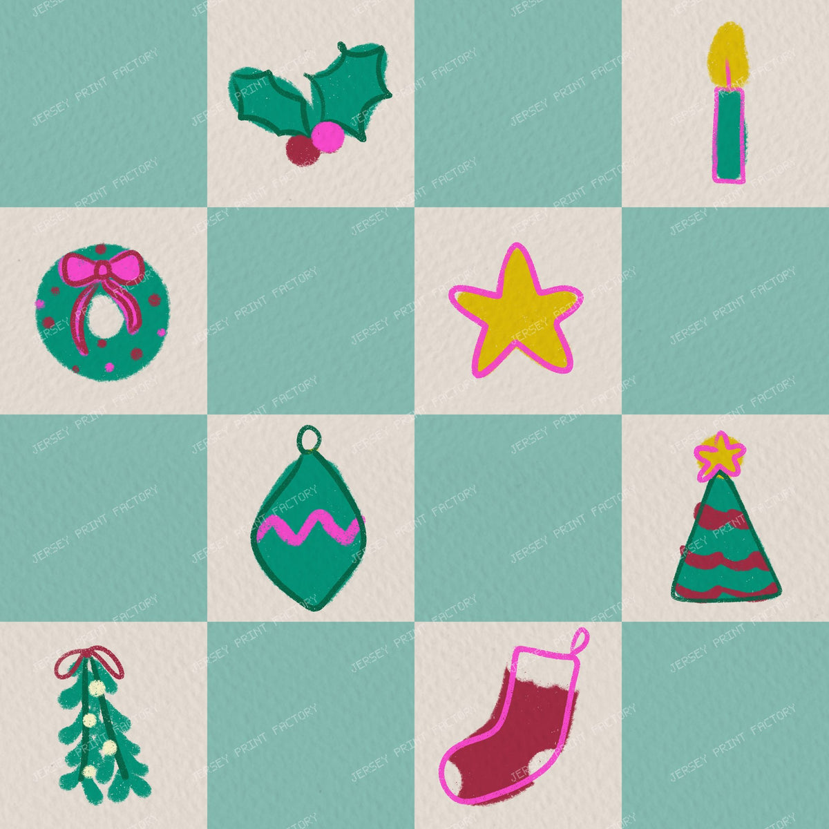 Christmas Checkerboard with Festive Doodles in Purple — Sage Green
