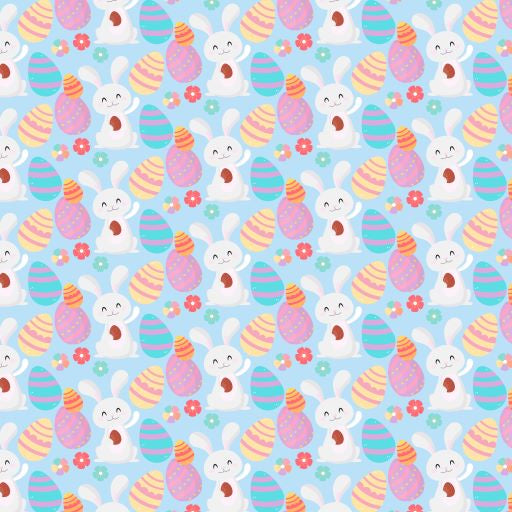 Hasen- und Ostermotive auf blauem Stoff D1248 – Jersey Print Factory