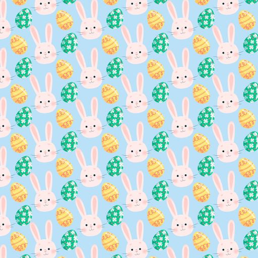 Hasengesicht und Ostermotive auf blauem Stoff D1249 – Jersey Print