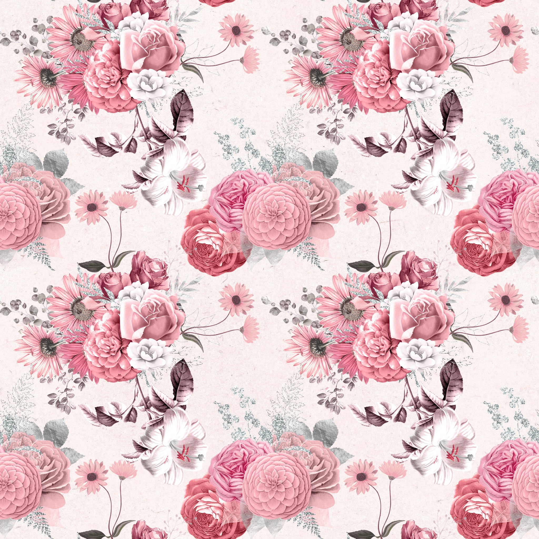 Rosa Blumenmuster auf beigem Stoff E1121 – Jersey Print Factory
