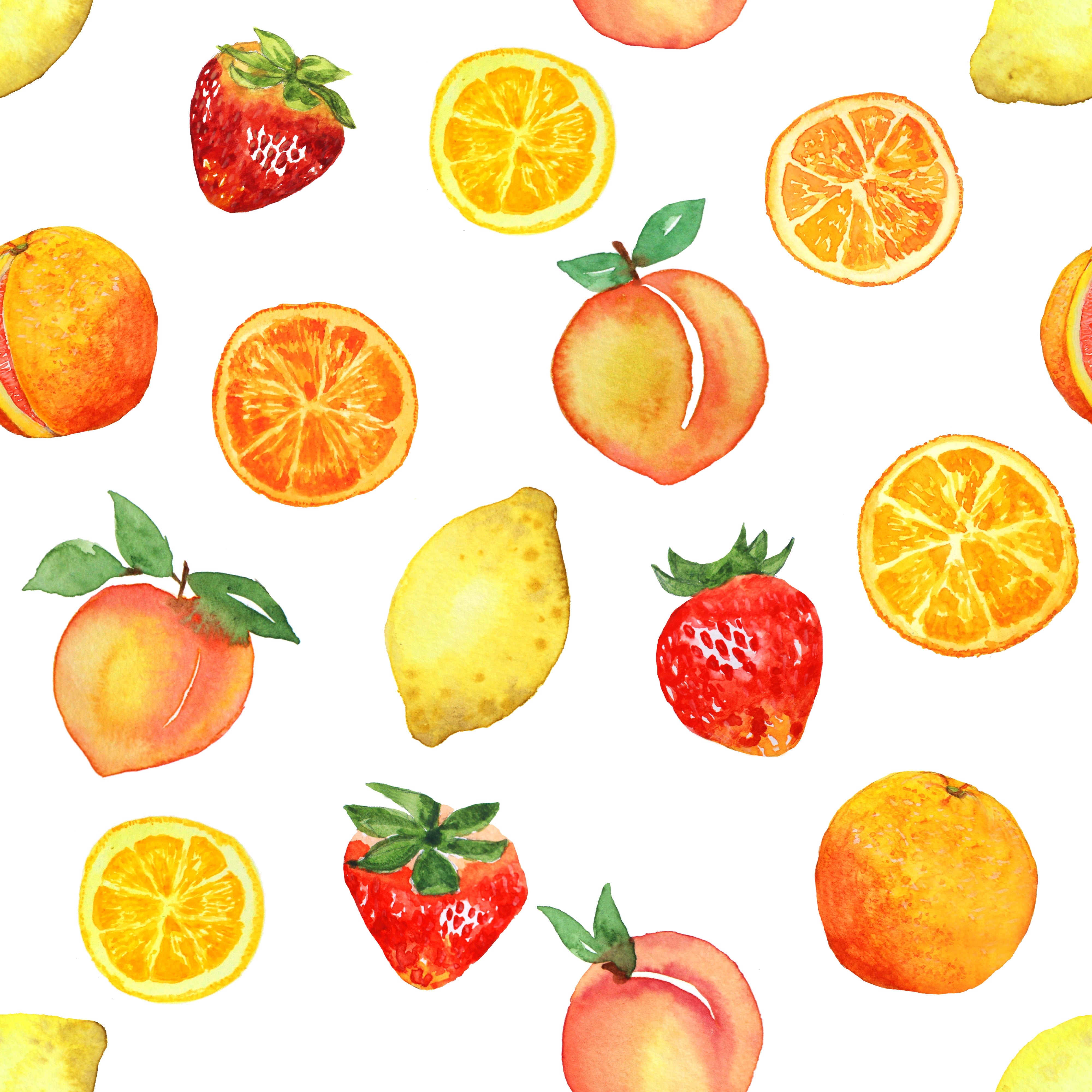 Zitronen-, Aprikosen- und Erdbeerdesigns auf weißem Stoff D1808
