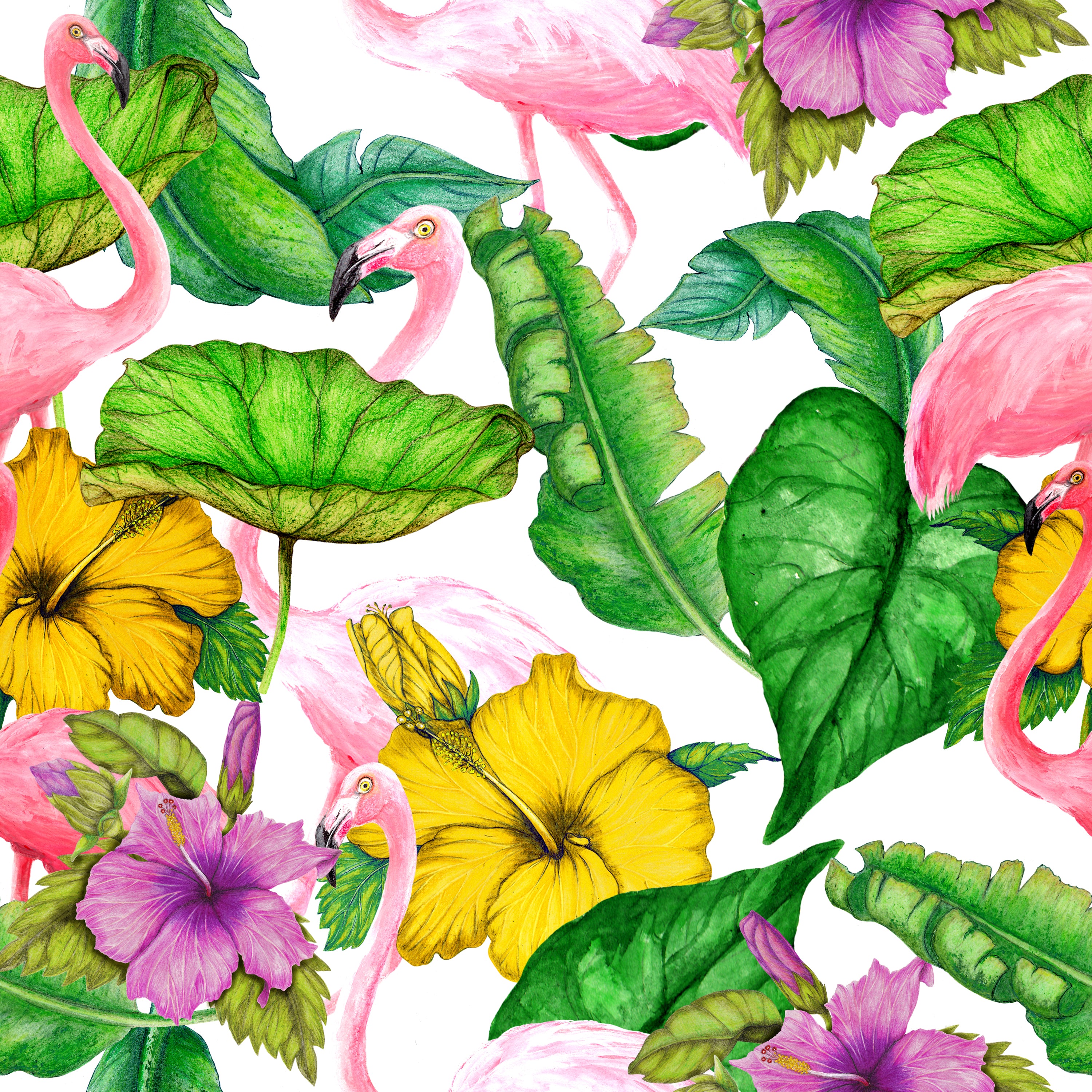 Tropische Blumen-, Blatt- und Flamingodesigns auf grünem Stoff D1201 – Jersey Print Factory