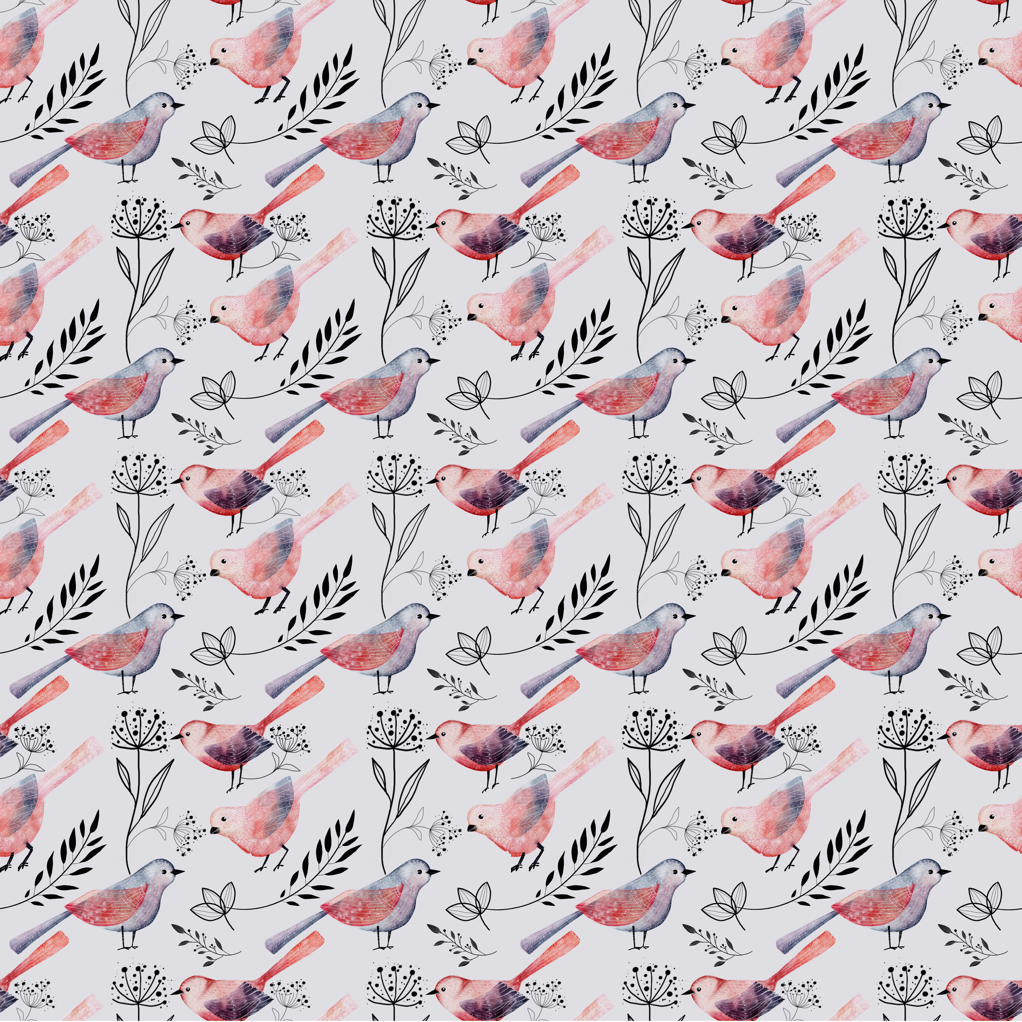 Efeu- und Vogelmuster auf grauem Stoff E1388 – Jersey Print Factory
