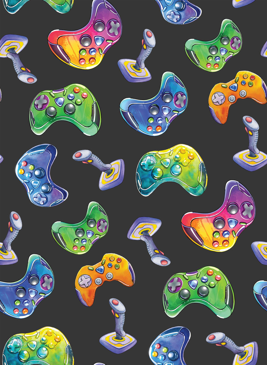 Game Console Patterns on Black Fabric E1381 – Jersey Print Factory