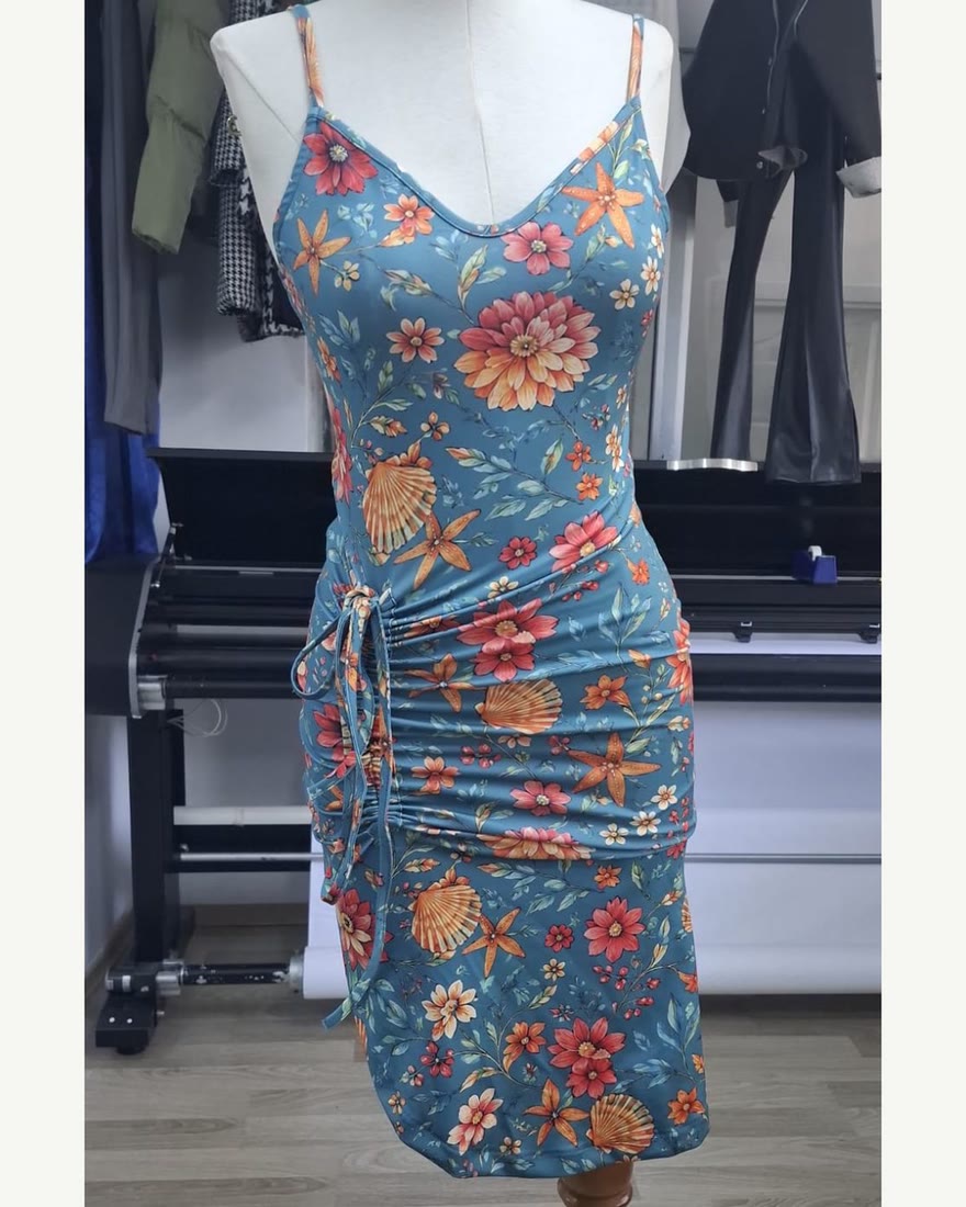 Printed jersey dress sewn from a customer’s own design, on a mannequin