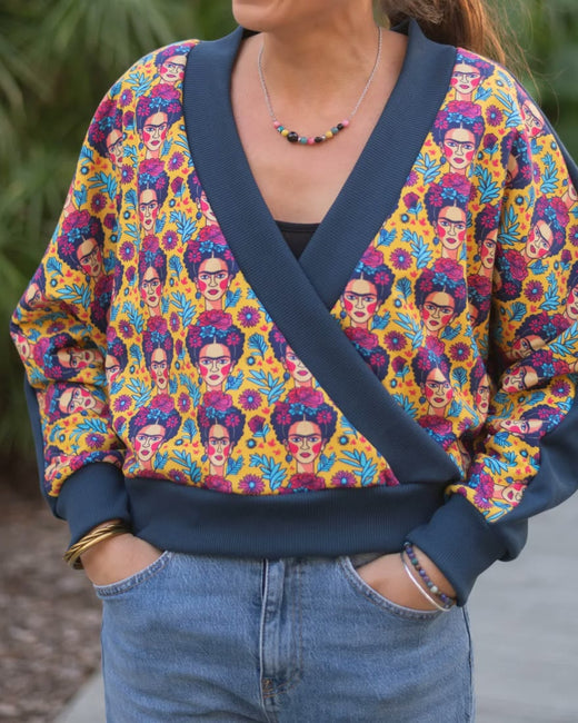A printed jersey wrap cardigan with contrast ribbing