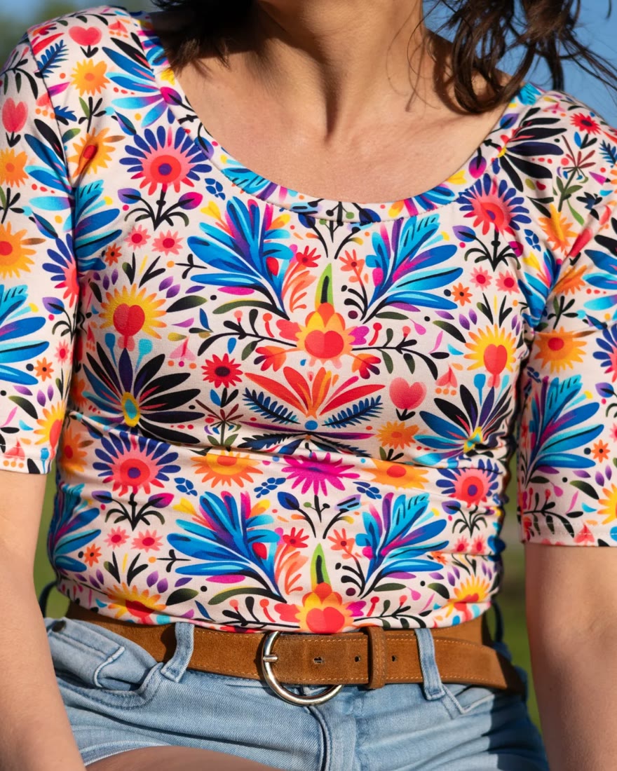 A short-sleeved jersey t-shirt in a custom floral print