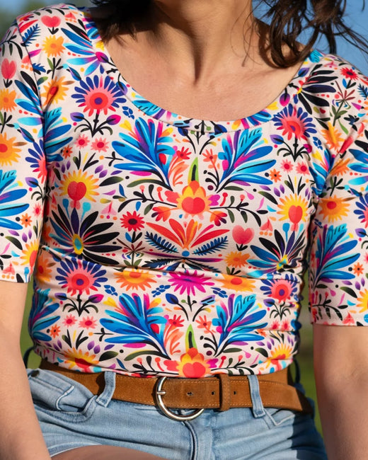 A short-sleeved jersey t-shirt in a custom floral print