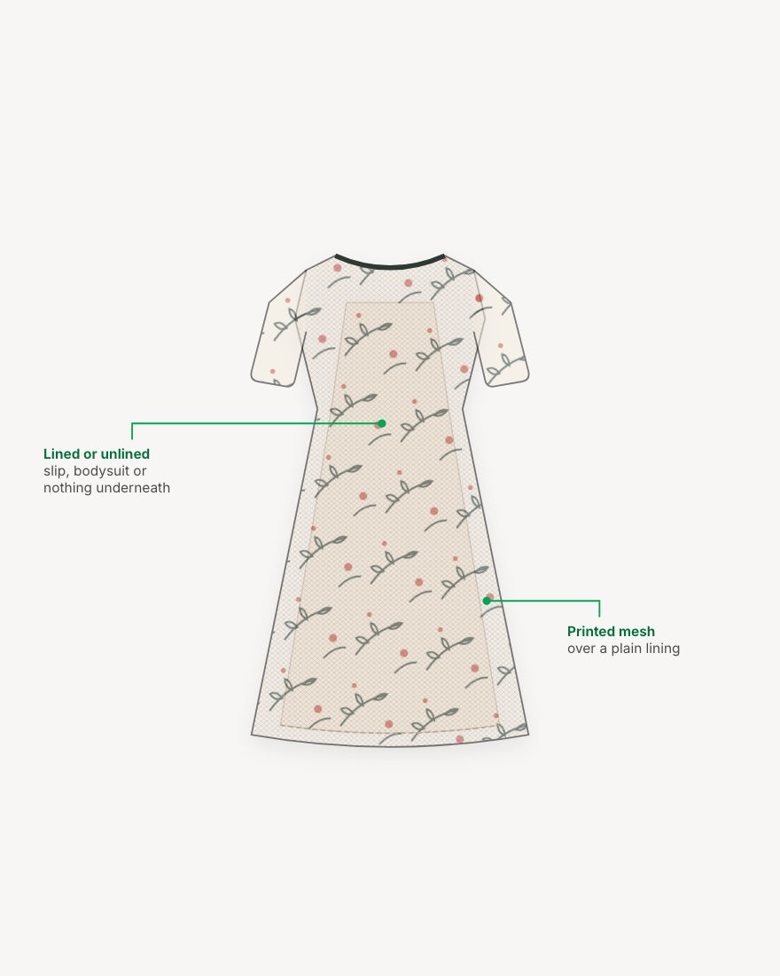 Drawing of a printed mesh dress over a plain lining
